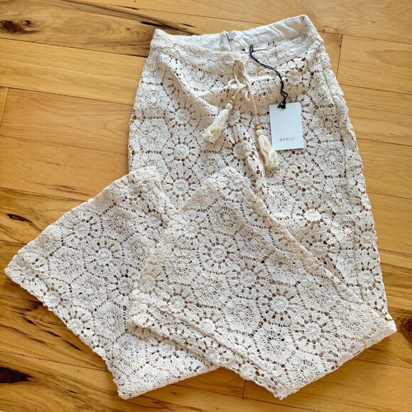 BNWT Spell Helena Crochet Lace Flare Bell Bottom Pants Boho Organic Cotton S - Picture 2 of 11